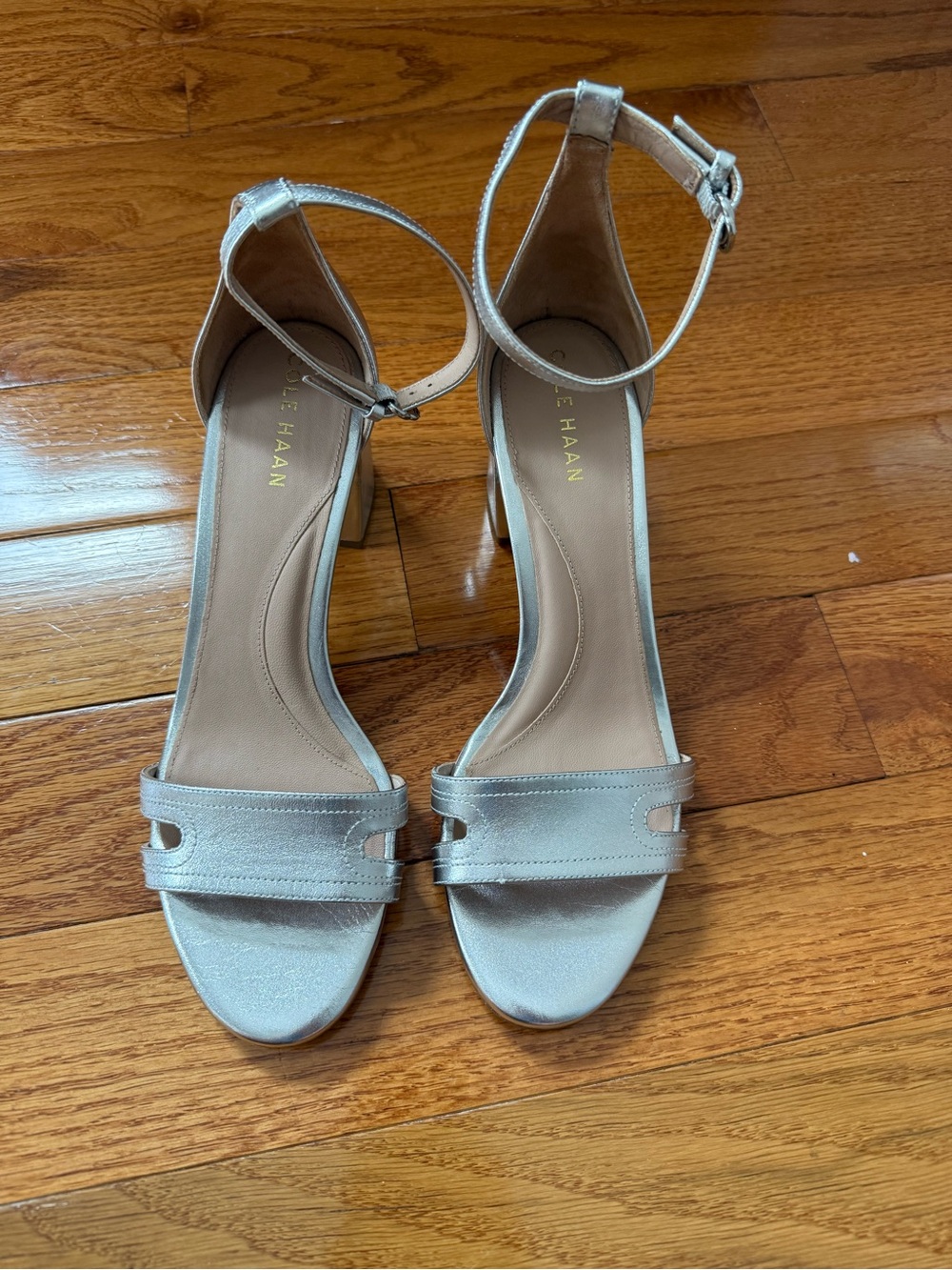 Cole Haan Metallic Silver Block Heel Sandals - Picture 2 of 6